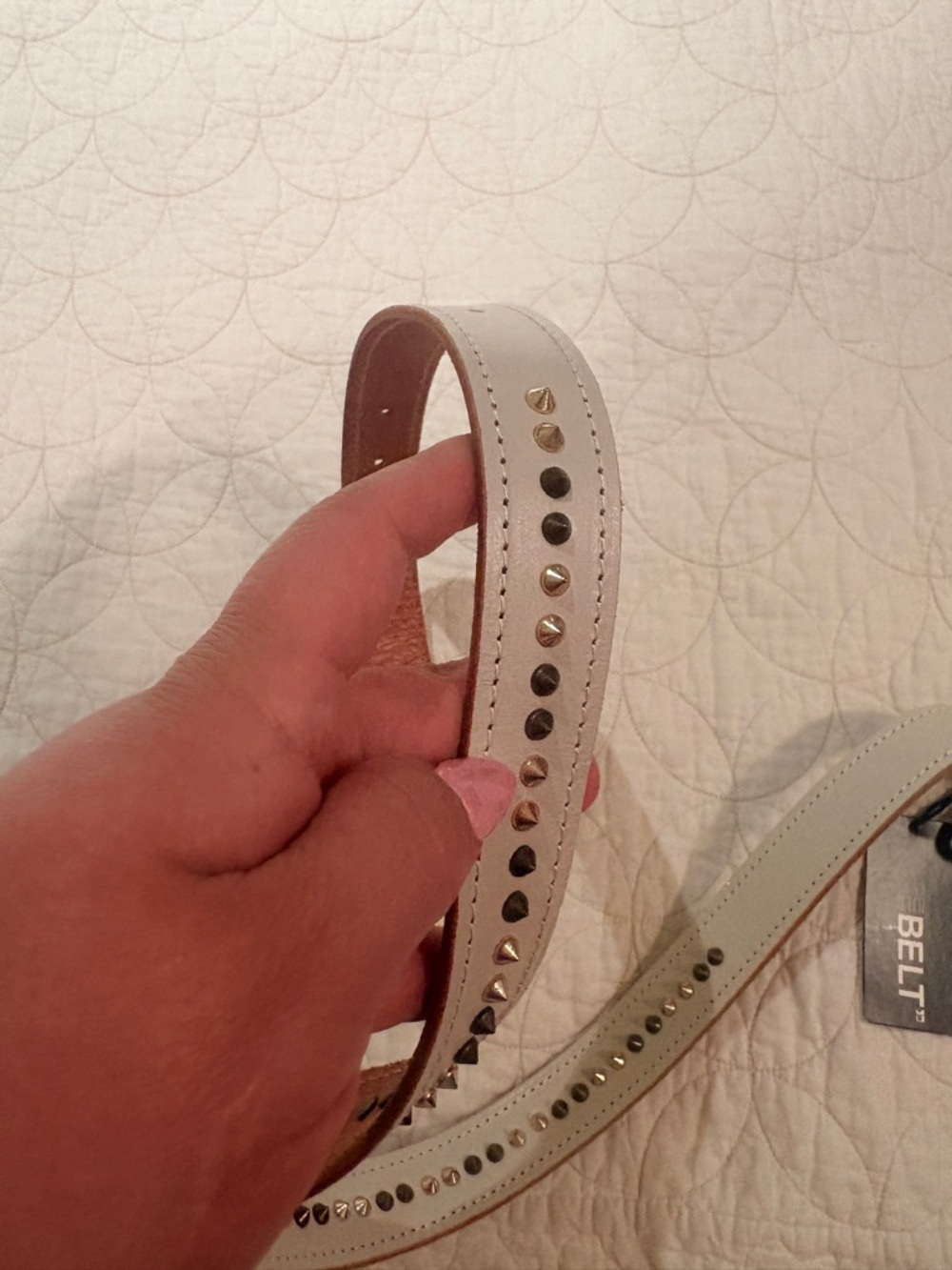 Two-Tone Studded Women’s Leather Belt - White & Brown - Picture 3 of 4